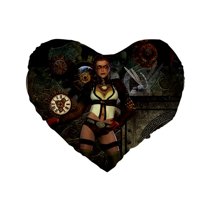 Steampunk, Steampunk Women With Clocks And Gears Standard 16  Premium Heart Shape Cushions