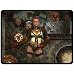 Steampunk, Steampunk Women With Clocks And Gears Double Sided Fleece Blanket (large)  by FantasyWorld7