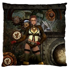 Steampunk, Steampunk Women With Clocks And Gears Large Flano Cushion Case (one Side) by FantasyWorld7