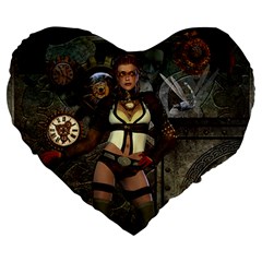 Steampunk, Steampunk Women With Clocks And Gears Large 19  Premium Flano Heart Shape Cushions