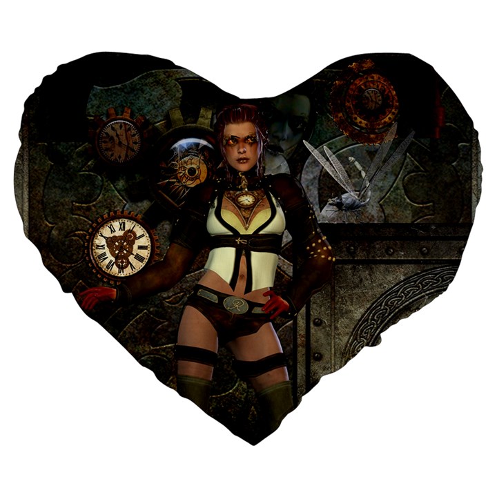 Steampunk, Steampunk Women With Clocks And Gears Large 19  Premium Flano Heart Shape Cushions