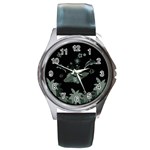 Surfboard With Dolphin, Flowers, Palm And Turtle Round Metal Watch Front