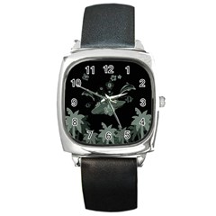 Surfboard With Dolphin, Flowers, Palm And Turtle Square Metal Watch by FantasyWorld7