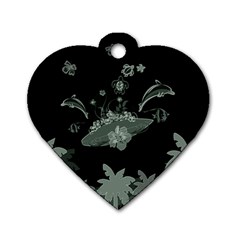 Surfboard With Dolphin, Flowers, Palm And Turtle Dog Tag Heart (one Side) by FantasyWorld7