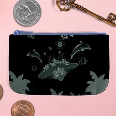 Surfboard With Dolphin, Flowers, Palm And Turtle Large Coin Purse by FantasyWorld7