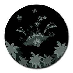 Surfboard With Dolphin, Flowers, Palm And Turtle Round Mousepads by FantasyWorld7