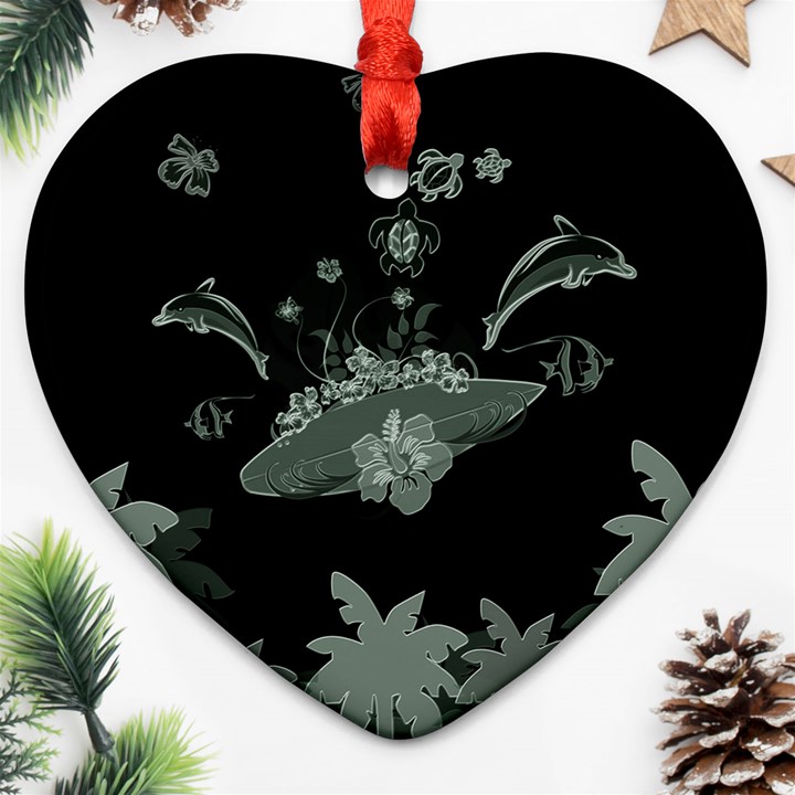 Surfboard With Dolphin, Flowers, Palm And Turtle Ornament (Heart)