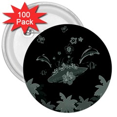 Surfboard With Dolphin, Flowers, Palm And Turtle 3  Buttons (100 Pack)  by FantasyWorld7