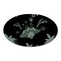 Surfboard With Dolphin, Flowers, Palm And Turtle Oval Magnet by FantasyWorld7