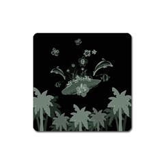 Surfboard With Dolphin, Flowers, Palm And Turtle Square Magnet by FantasyWorld7