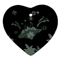 Surfboard With Dolphin, Flowers, Palm And Turtle Heart Ornament (two Sides) by FantasyWorld7