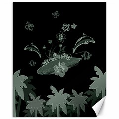 Surfboard With Dolphin, Flowers, Palm And Turtle Canvas 11  X 14   by FantasyWorld7