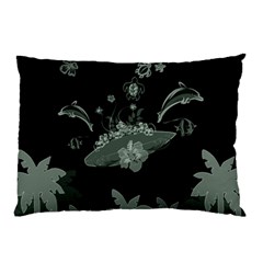 Surfboard With Dolphin, Flowers, Palm And Turtle Pillow Case by FantasyWorld7