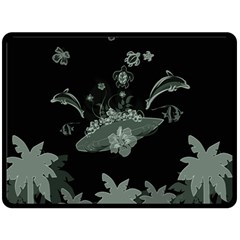 Surfboard With Dolphin, Flowers, Palm And Turtle Double Sided Fleece Blanket (large)  by FantasyWorld7