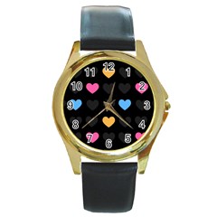 Emo Heart Pattern Round Gold Metal Watch by Bigfootshirtshop