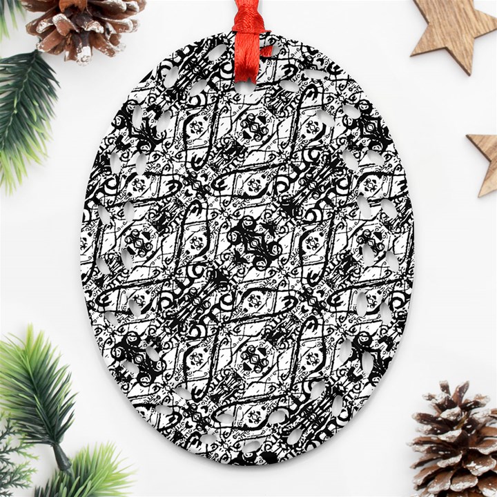 Black and White Ornate Pattern Oval Filigree Ornament (Two Sides)