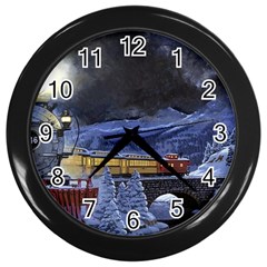 Train Through Winter Mountain Town Wall Clocks (black) by Bigfootshirtshop