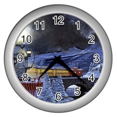 Train Through Winter Mountain Town Wall Clocks (silver)  by Bigfootshirtshop