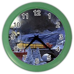 Train Through Winter Mountain Town Color Wall Clocks by Bigfootshirtshop