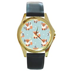 Cute Fox Pattern Round Gold Metal Watch by Bigfootshirtshop