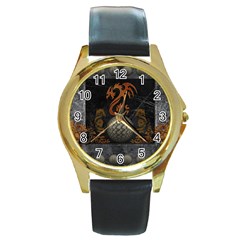 Awesome Tribal Dragon Made Of Metal Round Gold Metal Watch by FantasyWorld7