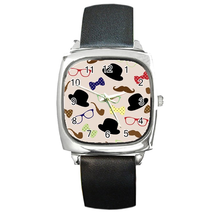 Moustache Hat Bowler Bowler Hat Square Metal Watch