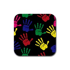 Handprints Hand Print Colourful Rubber Square Coaster (4 Pack)  by Celenk