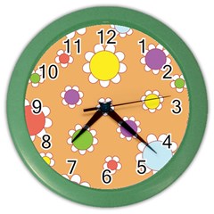 Floral Flowers Retro 1960s 60s Color Wall Clocks by Celenk