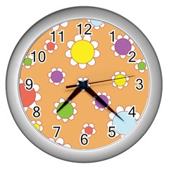 Floral Flowers Retro 1960s 60s Wall Clocks (silver)  by Celenk