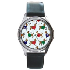 Dachshund Dog Cartoon Art Round Metal Watch