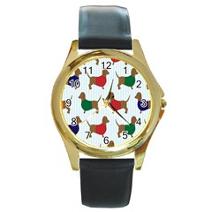 Dachshund Dog Cartoon Art Round Gold Metal Watch