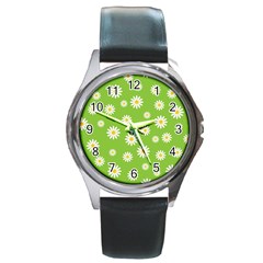 Daisy Flowers Floral Wallpaper Round Metal Watch by Celenk