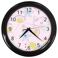 Floral Background Bird Drawing Wall Clocks (black) by Celenk