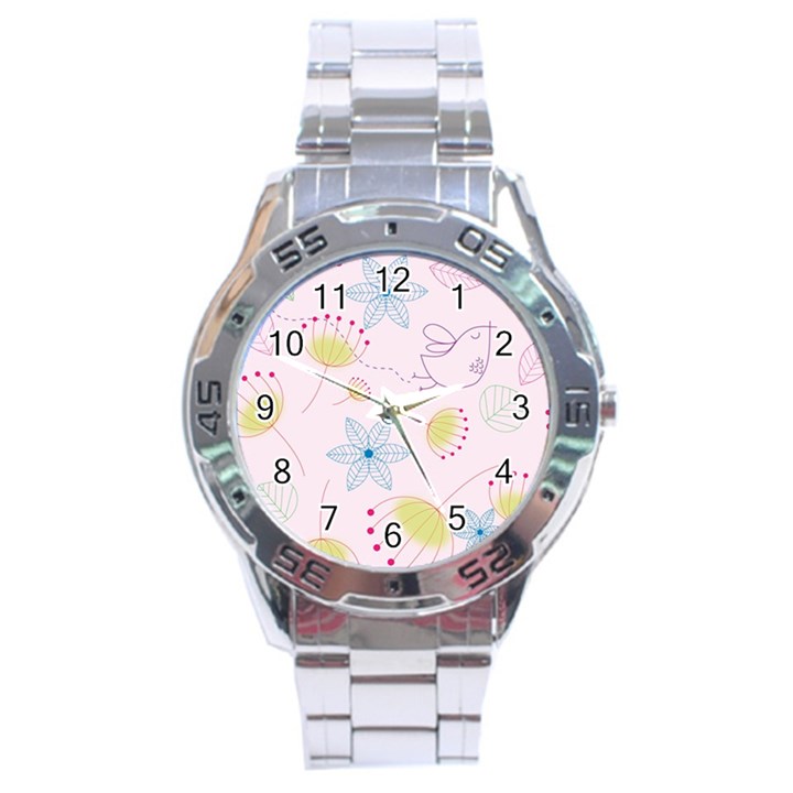 Floral Background Bird Drawing Stainless Steel Analogue Watch