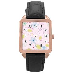 Floral Background Bird Drawing Rose Gold Leather Watch  by Celenk