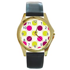 Polka Dots Spots Pattern Seamless Round Gold Metal Watch by Celenk