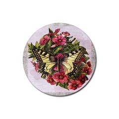 Vintage Butterfly Flower Rubber Round Coaster (4 Pack) 