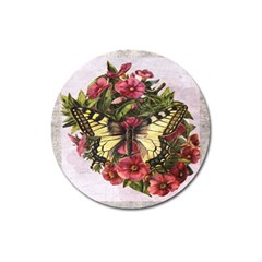 Vintage Butterfly Flower Magnet 3  (round) by Celenk