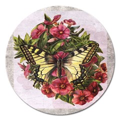 Vintage Butterfly Flower Magnet 5  (round) by Celenk