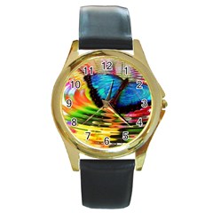 Blue Morphofalter Butterfly Insect Round Gold Metal Watch by Celenk