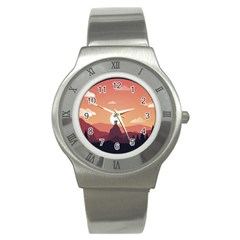 Design Art Hill Hut Landscape Stainless Steel Watch by Celenk