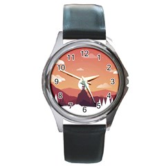 Design Art Hill Hut Landscape Round Metal Watch