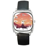 Design Art Hill Hut Landscape Square Metal Watch Front