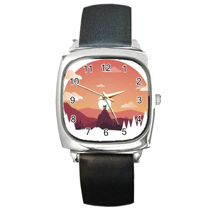 Design Art Hill Hut Landscape Square Metal Watch