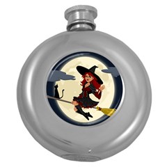 Witch Witchcraft Broomstick Broom Round Hip Flask (5 Oz) by Celenk