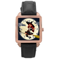 Witch Witchcraft Broomstick Broom Rose Gold Leather Watch  by Celenk