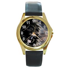 Angry Lion Digital Art Hd Round Gold Metal Watch