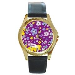 Floral Flowers Round Gold Metal Watch