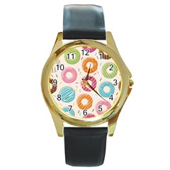 Colored Doughnuts Pattern Round Gold Metal Watch by Bigfootshirtshop