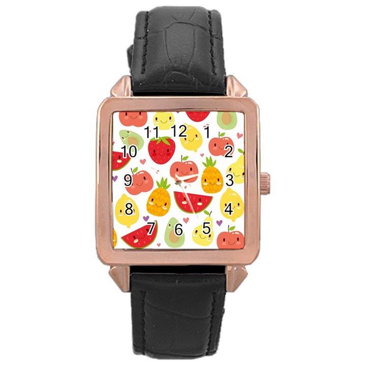 Happy Fruits Pattern Rose Gold Leather Watch 